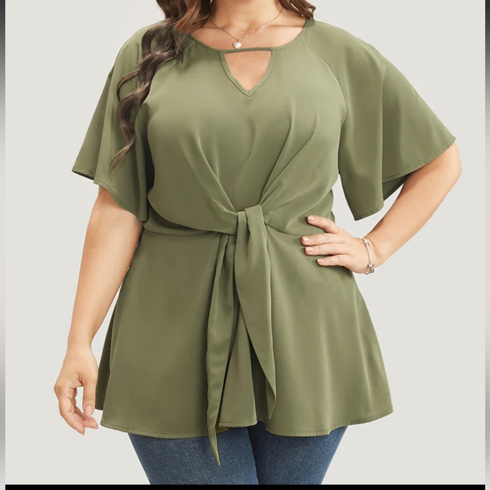 Plain Keyhole Knotted Front Ruffle Sleeve Blouse
